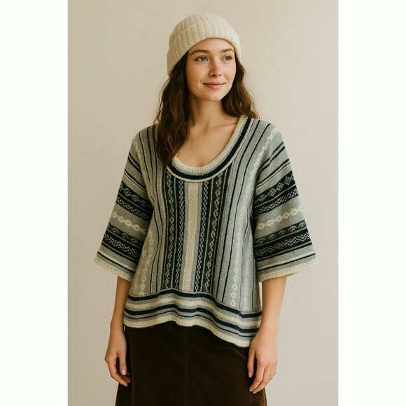 Old Navy Wool Angora Blend Sweater Size Small Gray Striped Fair Isle Cozy Winter - Picture 1 of 12